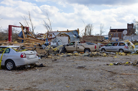 Henryville, IN â March 4, 2012: Aftermath of category 4 tornado that touched down in town on March 2, 2012 in Henryville, IN. 12 deaths and massive loss of property were reported in Indiana as results of series of tornadosのeditorial素材