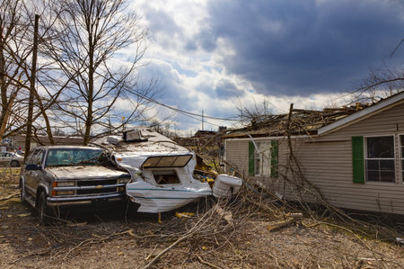 Henryville, IN â March 4, 2012: Aftermath of category 4 tornado that touched down in town on March 2, 2012 in Henryville, IN. 12 deaths and massive loss of property were reported in Indiana as results of series of tornadosのeditorial素材