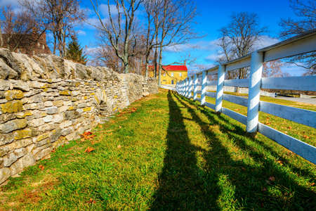 Stone and wooden fences in Shaker Village of Pleasant Hill, Kentuckyの写真素材