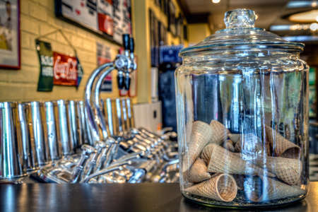 MIDWAY, KENTUCKY, USA - JULY 06, 2013: Traditional 1950s soda fountain in a pharmacy shop in Midway, Kentucky.のeditorial素材