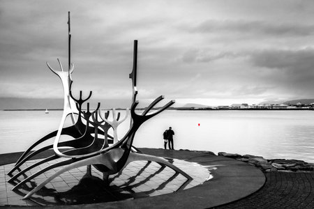 REYKJAVIK, ICELAND - AUGUST 31, 2013  Sun Voyager  Solfar  sculpture by the sea in the center of Reykjavik  Built in 1990 It symbolizes a dream of hope, progress and freedomのeditorial素材