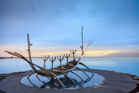 REYKJAVIK, ICELAND - AUGUST 31, 2013  Sun Voyager  Solfar  sculpture by the sea in the center of Reykjavik  Built in 1990 It symbolizes a dream of hope, progress and freedomのeditorial素材