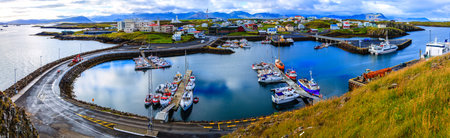 Town of Stykkisholmur and the harbor in western Icelandの写真素材
