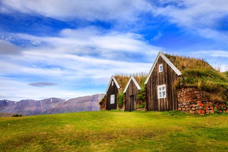 Traditional Icelandic turf houses in the town of Holarの写真素材