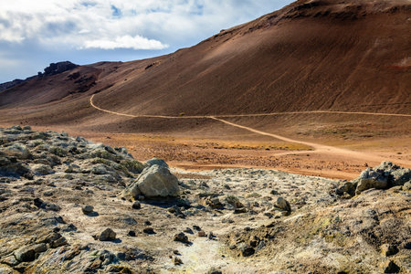 Hiking trail in Hverir - geothermal field in Northern Icelandの写真素材