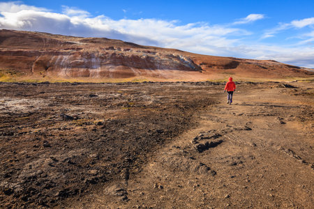 Hiking in Hverir - geothermal field in Northern Icelandの写真素材