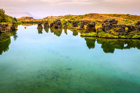 Volcanic rock formations in Lake Myvatn in Northern Icelandの写真素材