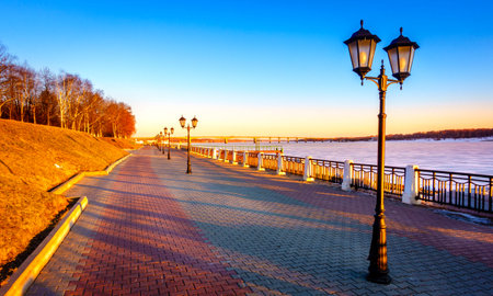 Scenic riverwalk along the Volga River in the city of Kostroma, Russiaの写真素材