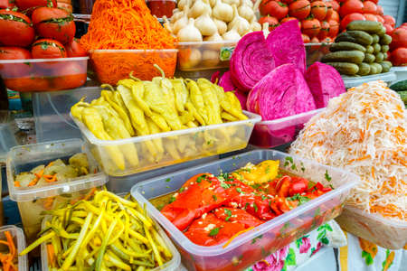 Pickled vegetables at a farmers market in Pyatigorsk, Russiaの写真素材