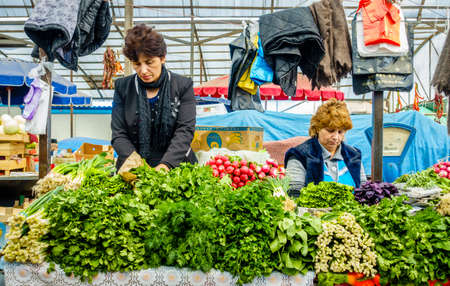 Pyatigorsk, Russia, April 3, 2015: Fresh produce vendors at farmers market in the southern Russian city of Pyatigorsk.のeditorial素材