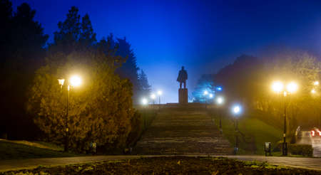 Nighttime image of Lenin monument in Pyatigorsk, Russiaの写真素材