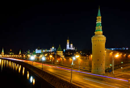 Nighttime view of Kremlin and the Moscow River embankment in Moscow, Russiaの写真素材