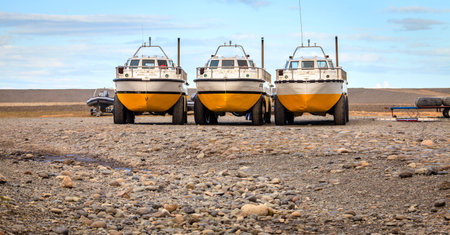 Jokulsarlon Lagoon, Iceland - September 13, 2013: Amphibian tour vehicles at Jokulsarlon lagoon in...