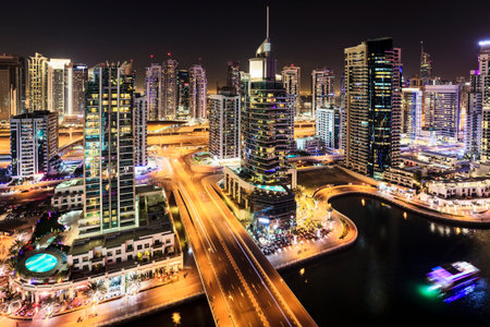 Nighttime view of Dubai Marina, UAEの写真素材
