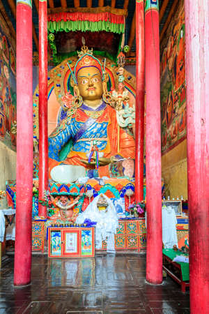 Interior of Buddhist temple in a monastery in Ladakh, Kashmir, Indiaのeditorial素材