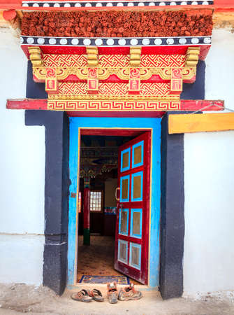 Door to a Buddhist temple in a monastery in Ladakh, Kashmir, Indiaの写真素材