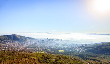 Aerial view of downtown Cape Town in morning fogの写真素材