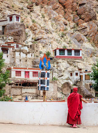 Ladakh, India - July 10, 2016: Buddhist monk in traditional robe at Thiksay monastery in Ladakh, Kashmir, Indiaのeditorial素材