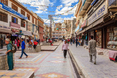 Leh, Ladakh, India, July 12, 2016: main shopping street in Leh, Ladakh district of Kashmir, Indiaのeditorial素材
