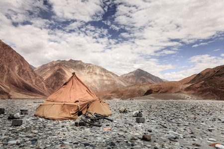 A lone canvas tent in Nubra Valley in Ladakh, Indiaの写真素材