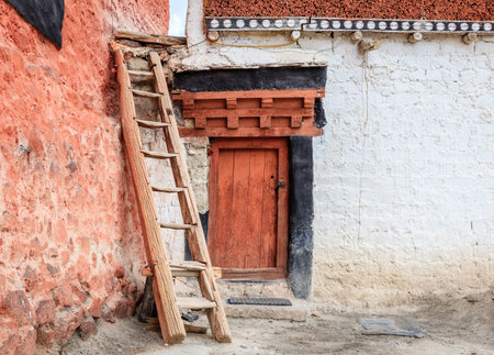 Small courtyard at Diskit Buddhist monastery in Ladakh, Indiaの写真素材