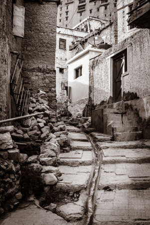 A street in residential area of Leh, Ladakh district of Kashmir, Indiaの写真素材