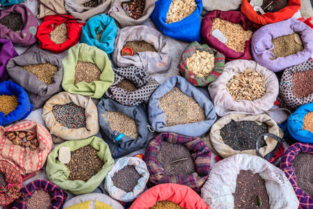 Bags with spices at a street market in Leh, Ladakh district of Kashmir, Indiaの写真素材