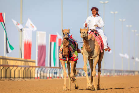 Dubai, United Arab Emirates - March 25, 2016: Practicing for camel racing at Dubai Camel Racing Club, Al Marmoom, UAEのeditorial素材