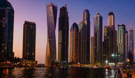 Panoramic view of Dubai Marina in UAE at nightのeditorial素材