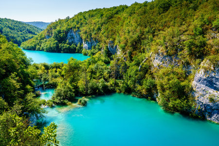 Bird's eye view of the Lower Lakes at Plitvice Lakes National Park in Croatiaの写真素材