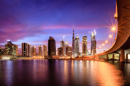 View of Dubai downtown skyline at nightのeditorial素材