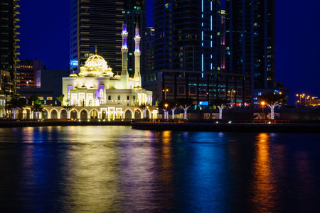 Mohammed Bin Ahmed Almulla Mosque in Dubai Marina at night