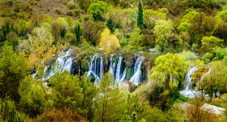 Bird's eye view of Kravica Waterfalls in Bosnia-Herzegovinaの写真素材