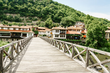 Foot bridge across the Yantra River in Veliko Tarnovo, Bulgariaのeditorial素材