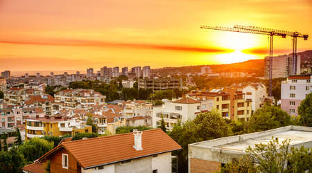View of skyline of Varna, Bulgaria at sunsetの写真素材