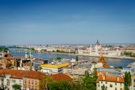 Beautiful view of Budapest skyline and Hungarian Parliament Bulding by the Danube Riverの写真素材