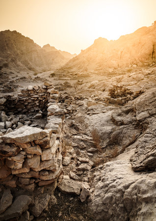 Ruins of an ancient village in the mountains of Ras Al Khaimah, UAEの写真素材