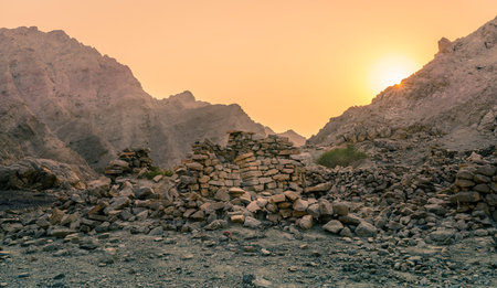 Ruins of an ancient village in the mountains of Ras Al Khaimah, UAEの写真素材