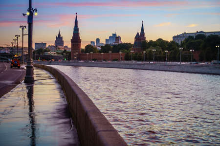View of the Moscow Kremlin from the embankment of the Moscow River at sunsetの写真素材