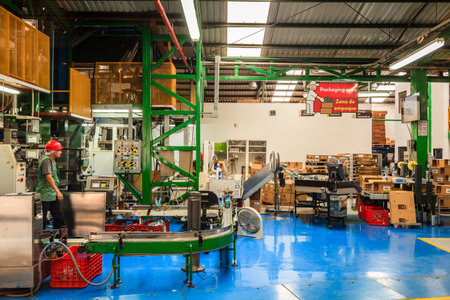 San Jose, Costa Rica, December 5, 2014: packaging line at a coffee processing plant near San Jose in...