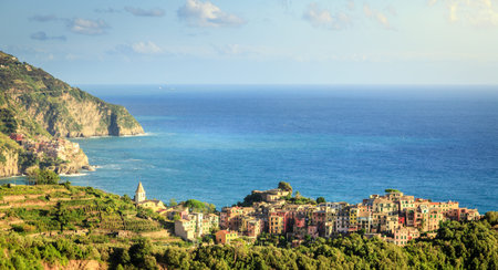 Scenic view of the village of Corniglia in Cinque Terre National Park in Italyの写真素材