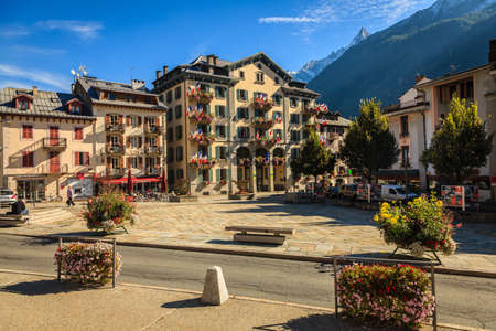Chamonix, France, September 25, 2015: A square in the center of a ski resort of Chamonix, Franceのeditorial素材