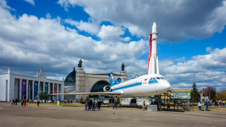 Moscow, Russia, April 23, 2016: YAK-42 passenger jet and Vostok spacecraft on display at the Exhibition of Achievements of National Economy in Moscow, Russiaのeditorial素材