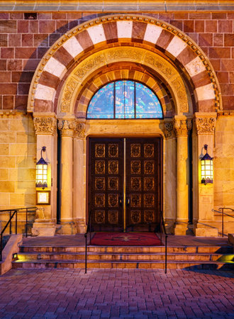 Saint Francis Cathedral front door at nightの写真素材