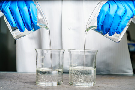 A person in a lab coat is pouring two clear liquids into the beakers