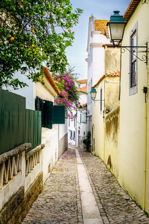 Pedestrian cobblestone street in Cascais, Portugalの写真素材
