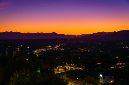 Scenic view of sunset over Smoky Mountains from Asheville, North Carolinaの写真素材