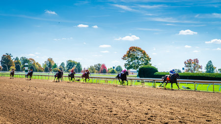 Keeneland, Lexington, Kentucky, October 18, 2023: Keenealand Fall Race Meet event, approaching the finish line, Race 1.のeditorial素材