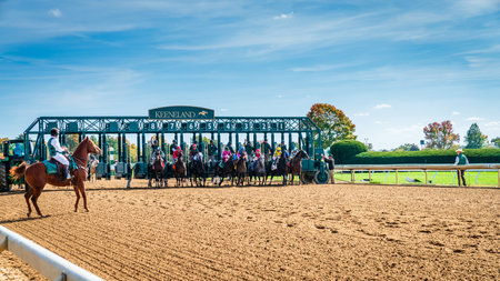 Keeneland, Lexington, Kentucky, October 18, 2023: Keenealand Fall Race Meet event, start of Race 4のeditorial素材