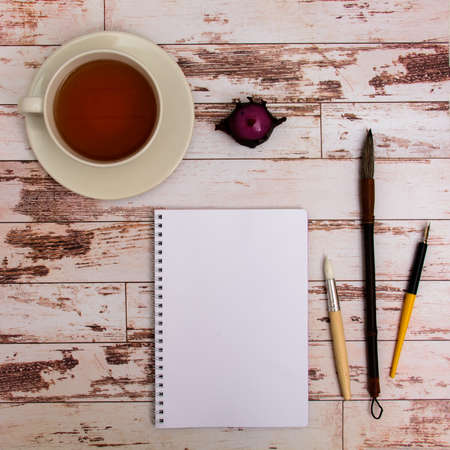 Mock up. Designer tools on work table wooden background top viewの写真素材
